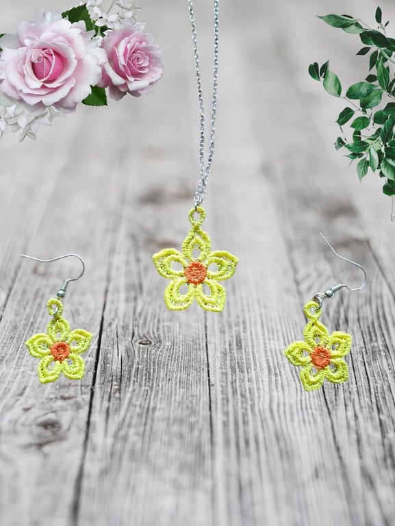 Yellow and Orange Flower Embroidered Necklace & Earring Set