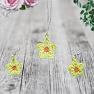 Yellow and Orange Flower Embroidered Necklace & Earring Set