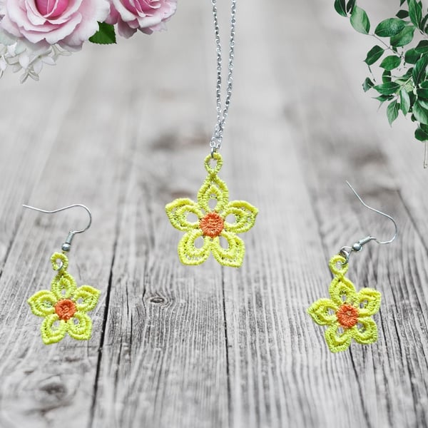 Yellow and Orange Flower Embroidered Necklace & Earring Set