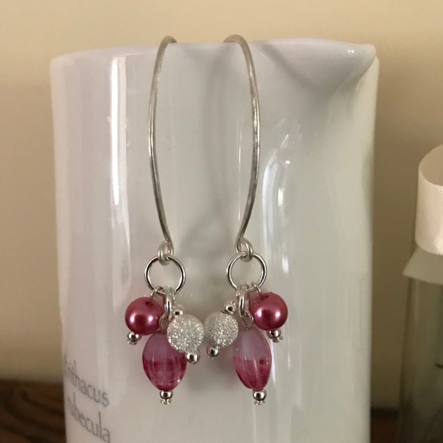 Pink Cluster Earrings, Silver earrings