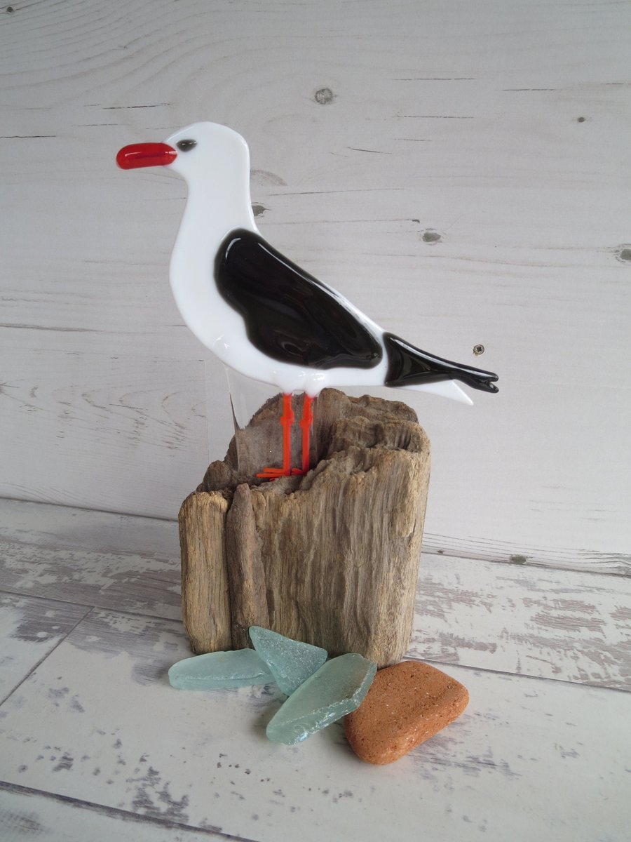 Standing Seagull on Driftwood - Unique Handmade Sculpture, Coastal Glass Art 