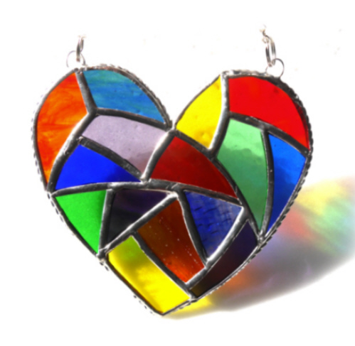 Fat Patchwork Heart Suncatcher Rainbow Stained Glass Handmade 