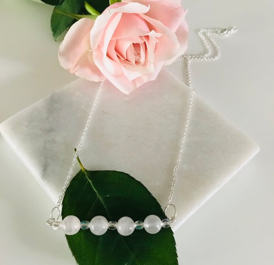 Blossom pink rose quartz and crystal bead necklace ,anniversary,gift for her 