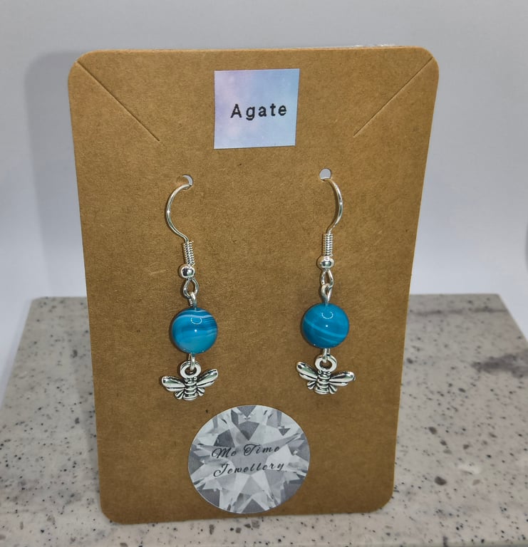 Blue Agate Round Bee Charm Earrings