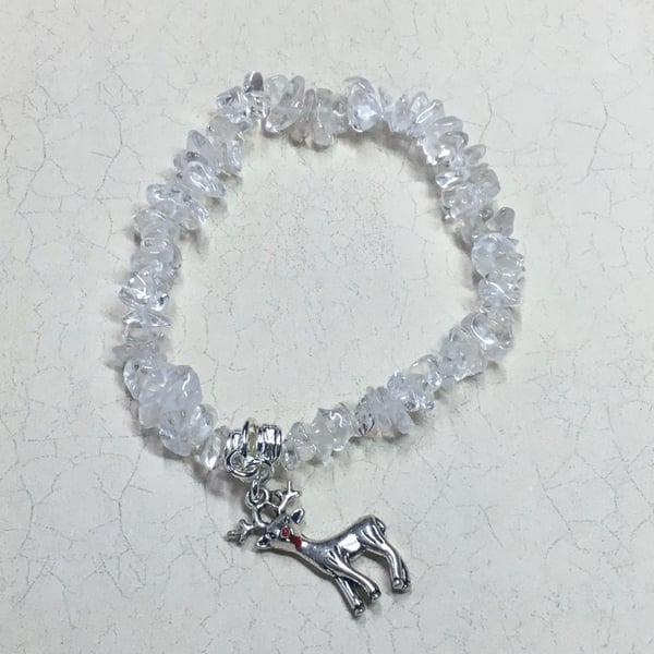 Clear Quartz Elasticated Bracelet with Deer Charm