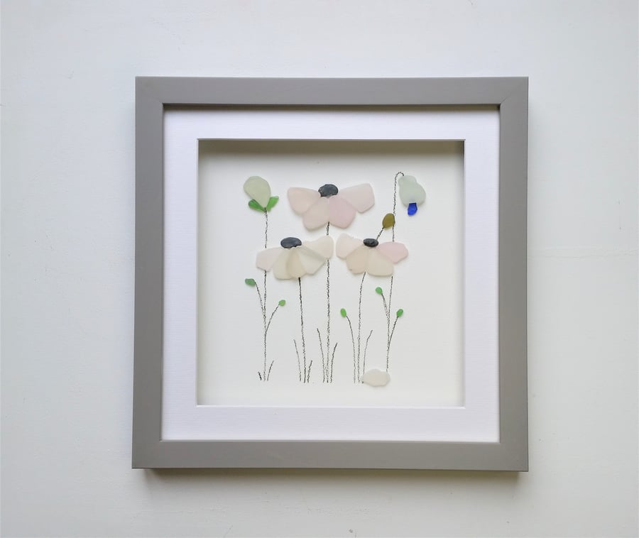 Sea glass flowers, framed floral wall decor, unique gifts for her