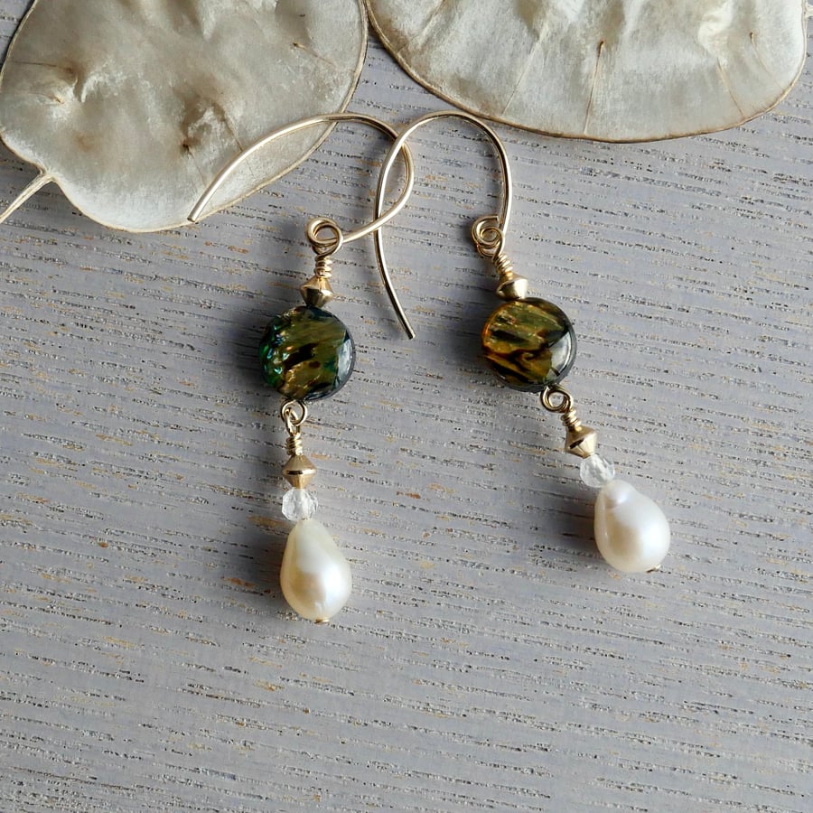 Abalone Shell & Pearl Drop Earrings on 14k Gold Filled Hooks