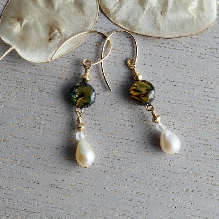 Abalone Shell & Pearl Drop Earrings on 14k Gold Filled Hooks