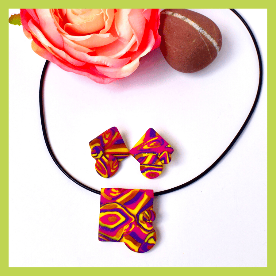For Mum Hot Pink, Yellow, Purple & Gold Polymer Clay Pendant & Earring Set