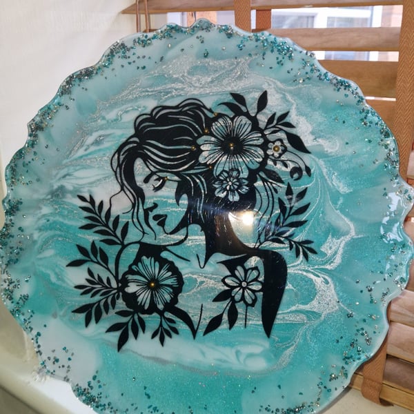 Beautiful Resin Wall Art Turquoise and Sliver Round Floral Woman Silhouette Art.