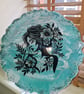 Beautiful Resin Wall Art Turquoise and Sliver Round Floral Woman Silhouette Art.