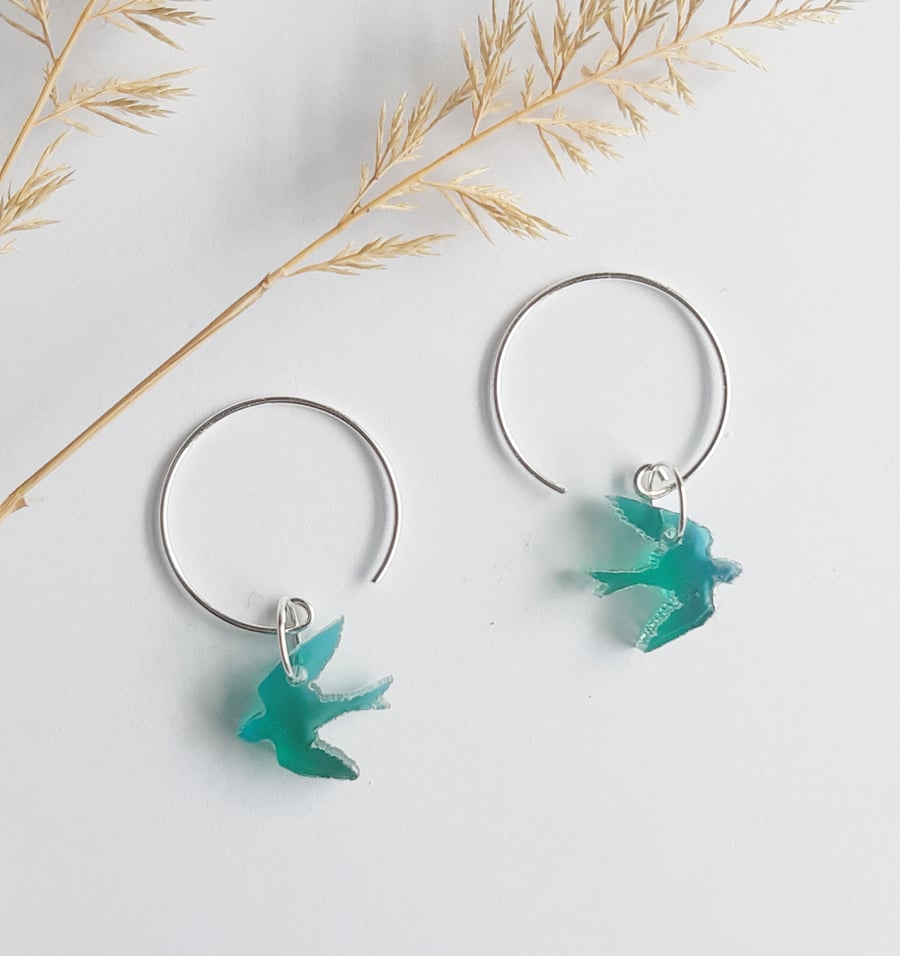 Sterling silver hoops with teal bird charm, Swallows, Bird earrings