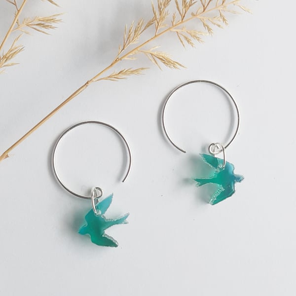 Sterling silver hoops with teal bird charm, Swallows, Bird earrings