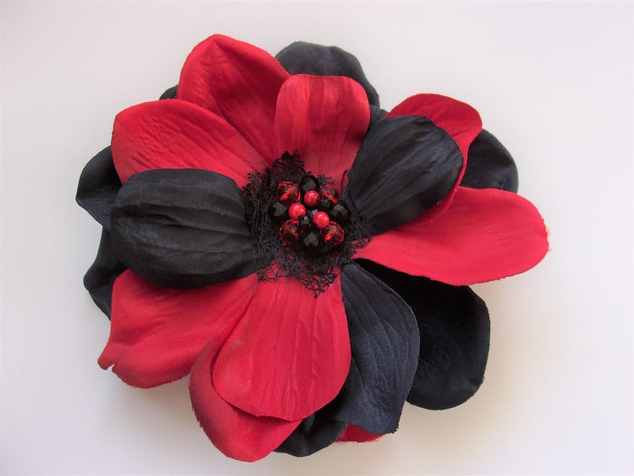 Black & Scarlet Red Harlequin Flower Fascinator Headpiece