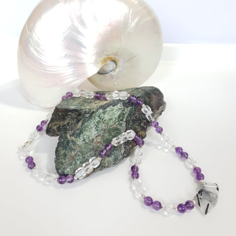 Pretty Gemstone Necklace Amethyst Rock Crystal Rutilated Quartz Sterling Silver 