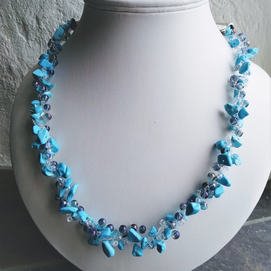 Turquoise Magnesite Hand Crocheted Gemstone Necklace 18-21 Inch 45 cm