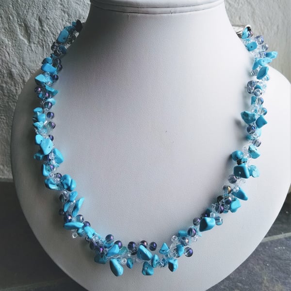 Turquoise Magnesite Hand Crocheted Gemstone Necklace 18-21 Inch 45 cm