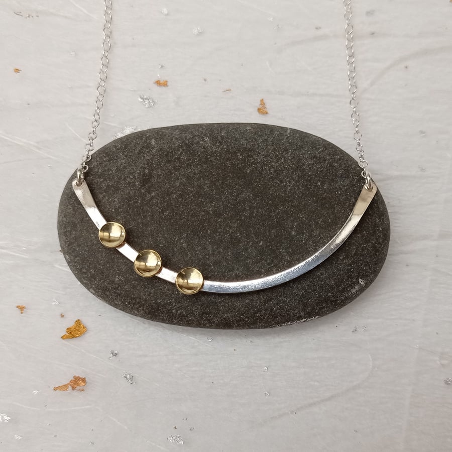 Sterling silver curved wire and brass necklace -  handmade bar necklace
