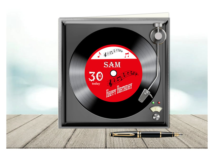Personalised Vinyl Record on turntable birthday card with red label 