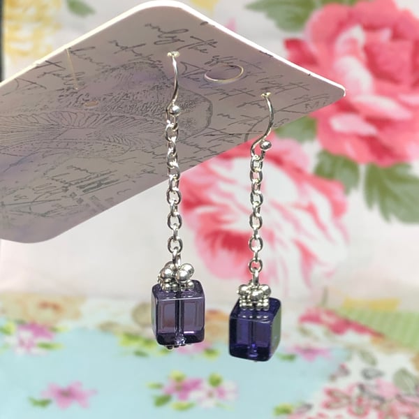 Purple glass cube dangle earrings 