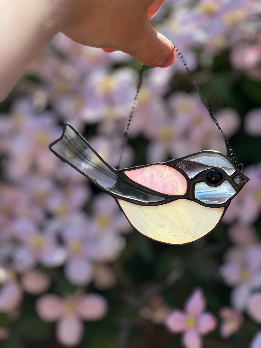 Stained Glass long tailed tit - perfect birder gift, pretty pink bird