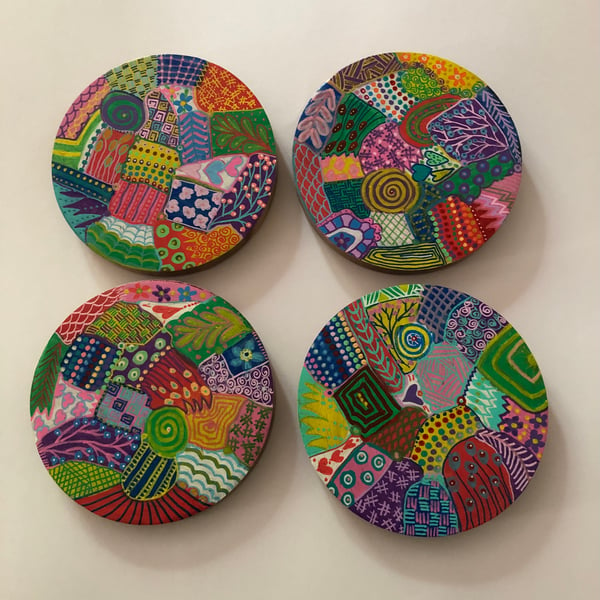 Set of 4 up cycled  hand painted coasters