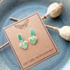 Pistachio green oval hearts rustic  porcelain clay earrings silver plated posts