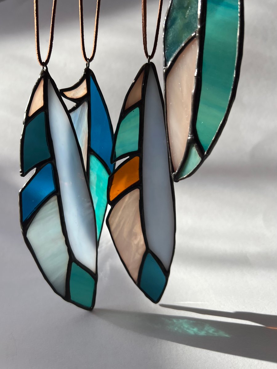 Blue, blue, and teal stained glass feather decoration - choice of 2 sizes