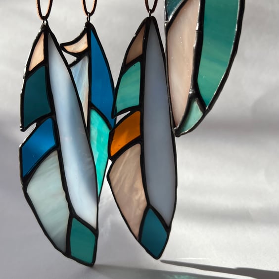 Blue, blue, and teal stained glass feather decoration - choice of 2 sizes