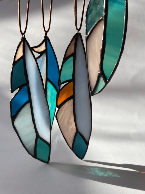 Blue, blue, and teal stained glass feather decoration - choice of 2 sizes