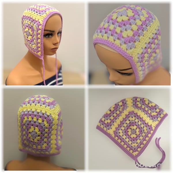 Crochet Pastel Bonnet Hat  Lilac Yellow lavender Granny Squares Handmade