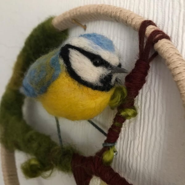 Blue tit wool bird needle felted hoop