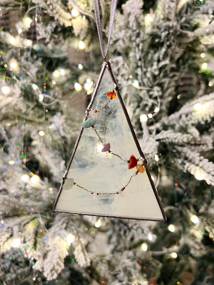 Wispy white glass Christmas Tree with natural stone chain