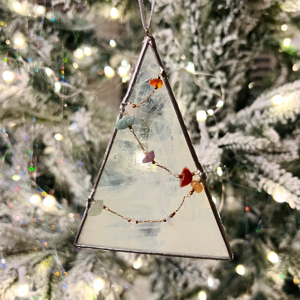 Wispy white glass Christmas Tree with natural stone chain