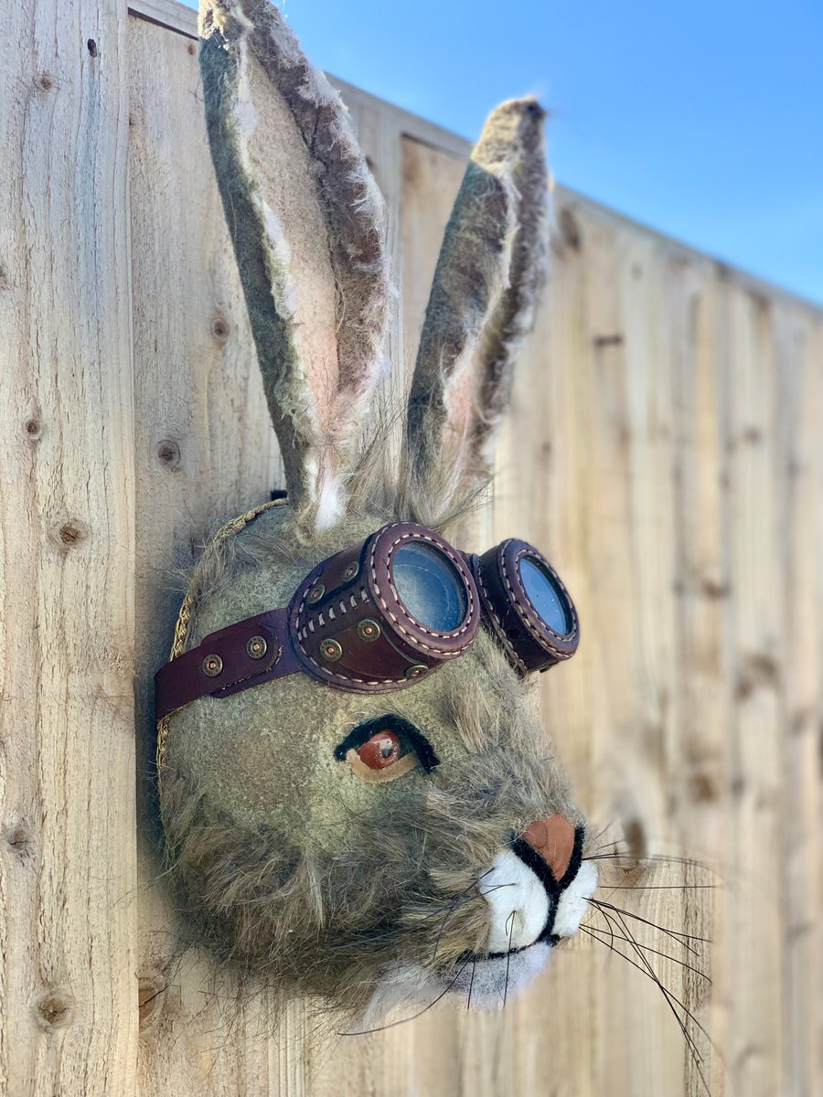 Handmade Mr Biker Hare with vintage leather goggles a real character 