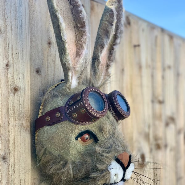 Handmade Mr Biker Hare with vintage leather goggles a real character 