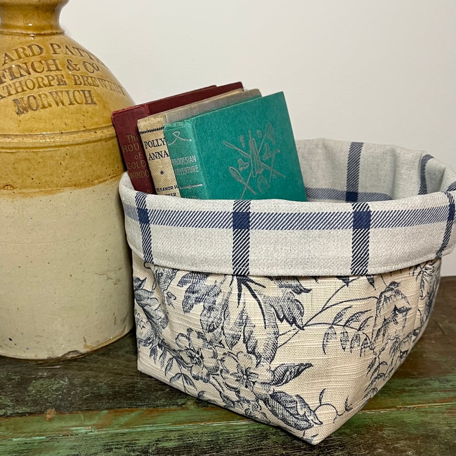 Reclaimed linen toile fabric basket with checked lining reversible gift basket 