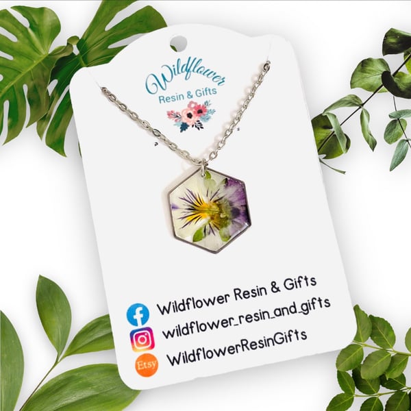 Purple pressed flower pendant, geometric necklace, real flower jewellery,