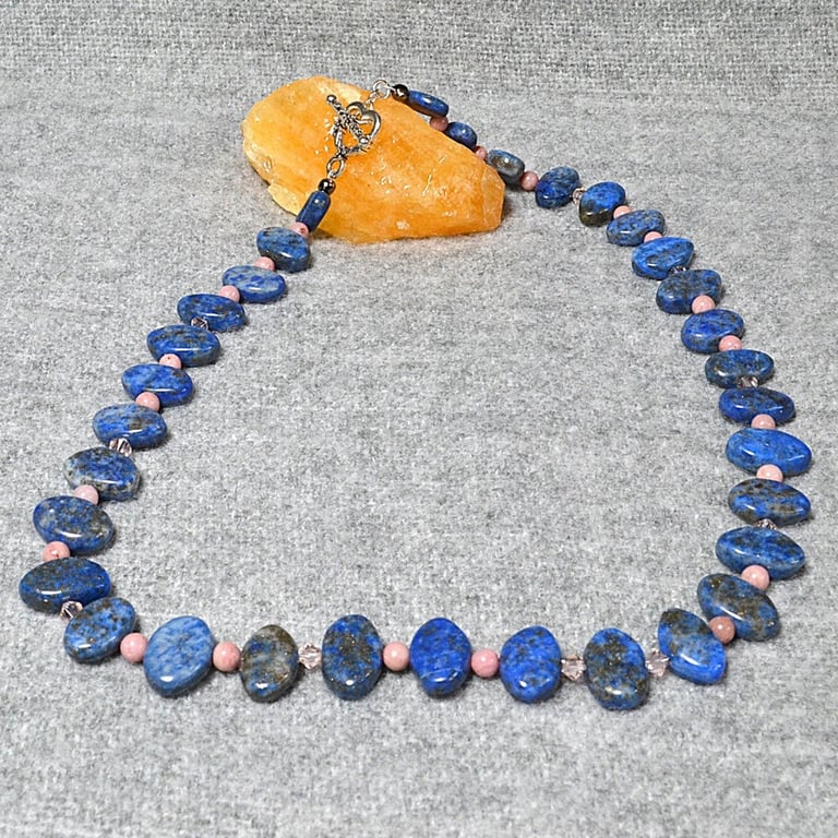 Lapis and Pale Pink Stone Necklace with Crystal Bicone Accents