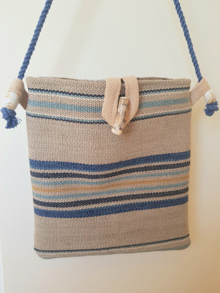 Crossbody bag: cotton and jute with driftwood toggle, stone with blue stripes 