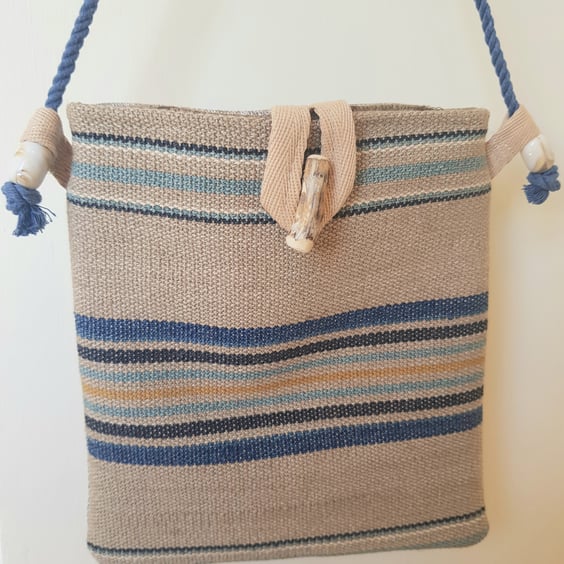 Crossbody bag: cotton and jute with driftwood toggle, stone with blue stripes 
