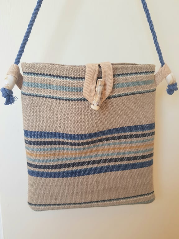 Crossbody bag: cotton and jute with driftwood toggle, stone with blue stripes 