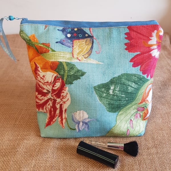 Zipped pouch, large: large floral print on teal