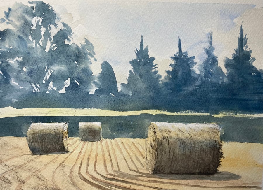 Haybales over Easby En plein air 2022 spring (Pure Orignal watercolour)