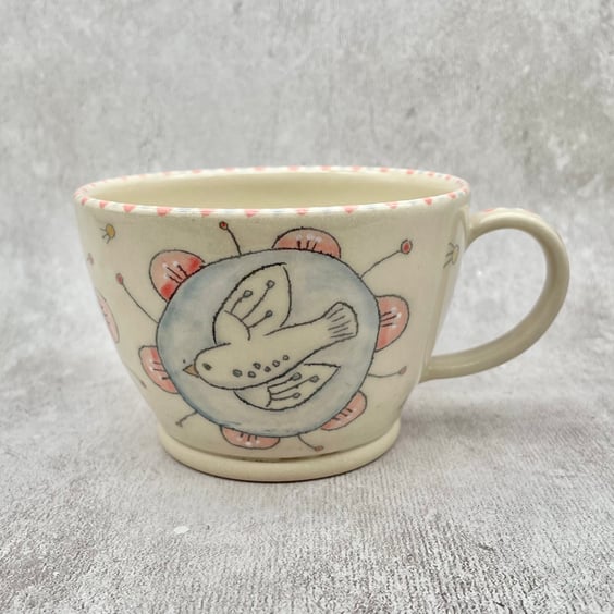 Handmade Pottery Tea Coffee Mug - Pretty Pastel Birds & Flowers - M01
