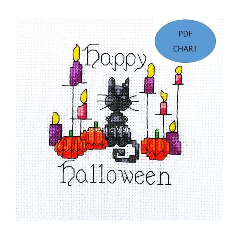 Halloween Cat Cross Stitch Pattern: Candles & Pumpkins (Digital Download)