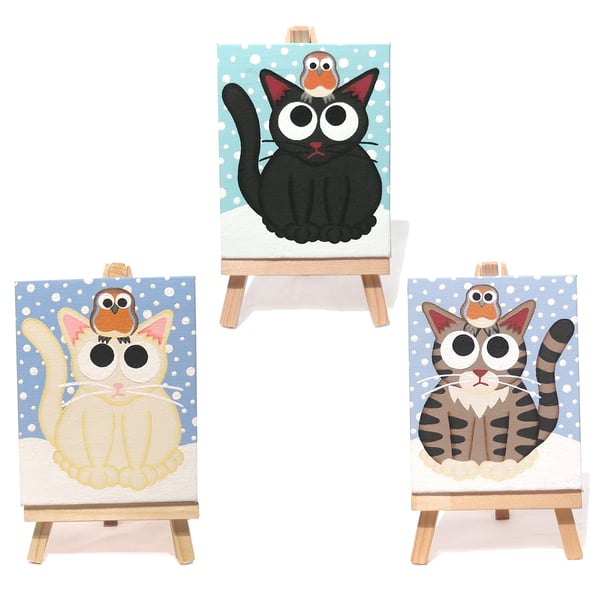 Custom Cat and Robin Original Miniature Art - pet portrait mini painting