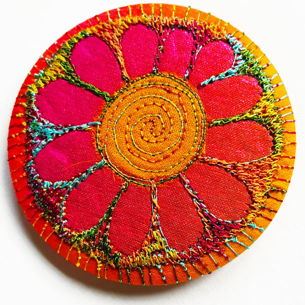 58mm Fabric Badge with Free Machine Embroidery Pink and Orange Flower 