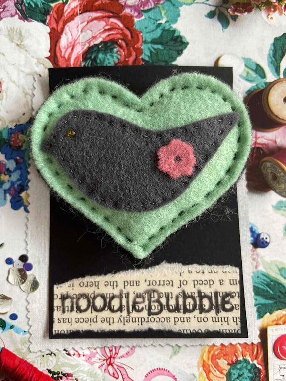 Bird perfectly imperfect mint green heart brooch