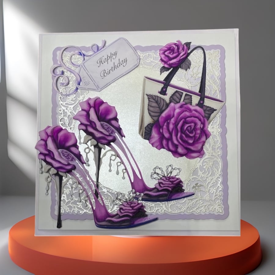 Handmade Happy Birthday Card, Shoe Card, Handbag Card, Floral Card